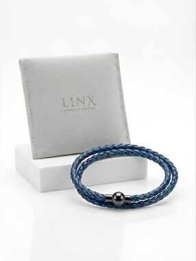 Linx Double Wrap Blue/Black Leather Braided Cord Bracelet Black Magnetic Clasp